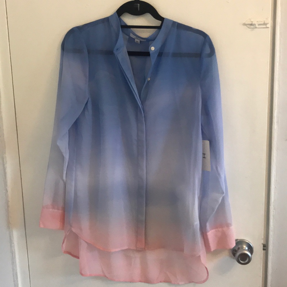 Blue and pink ombré sheer button down shirt. Small
